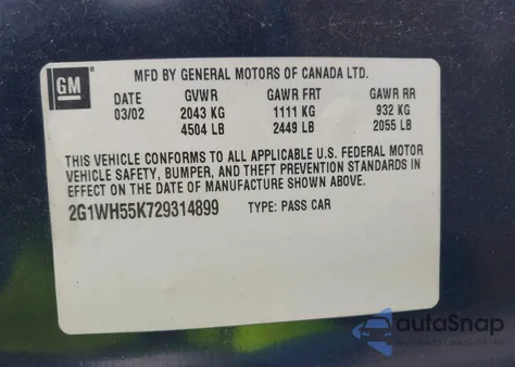 2002 Chevrolet Impala Ls from USA, damaged, VIN 2G1WH55K729314899